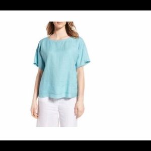 Eileen Fisher Scarab Aqua Organic Handkerchief Linen round neck blouse